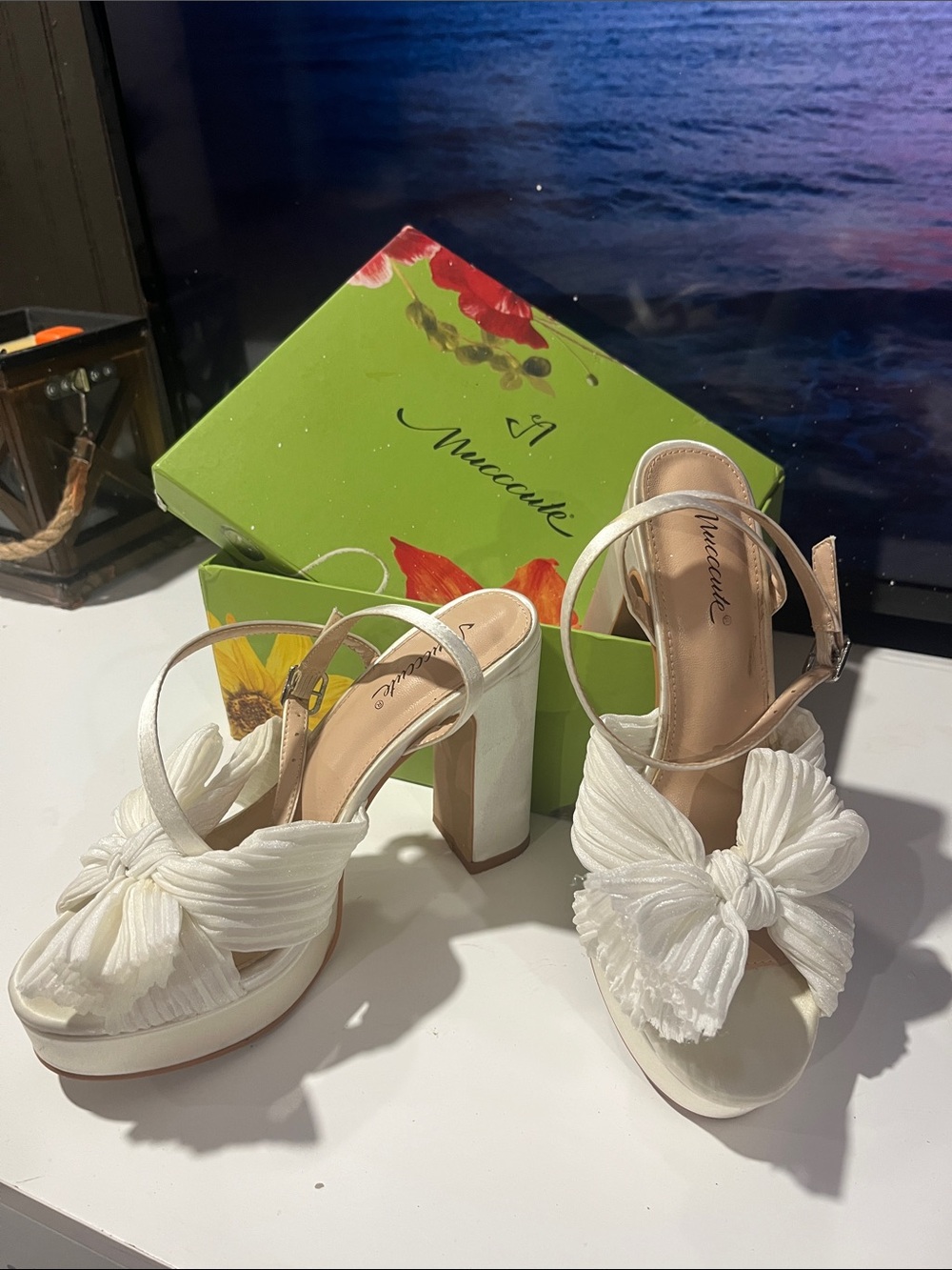 White Bow Block-Heel Sandals